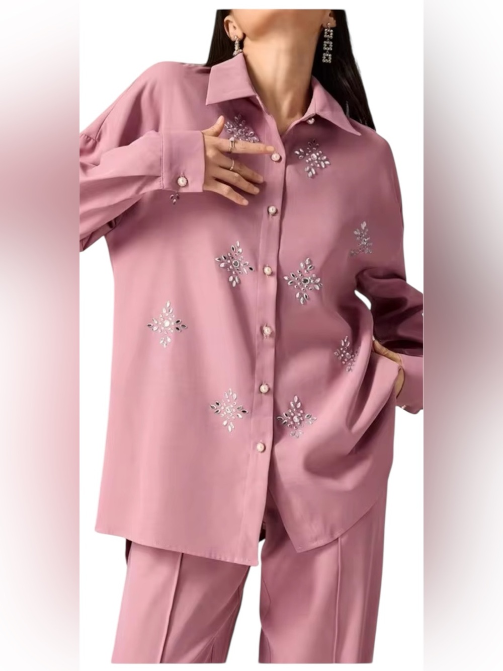 Heiryn 2pcs Women Rhinestone Long Sleeve Shirt And Wide Leg Pants